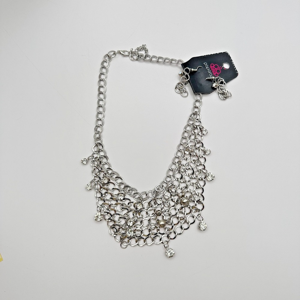 Vintage 80s Fishing Compliments Silver Rhinestone Bib Choker Necklace